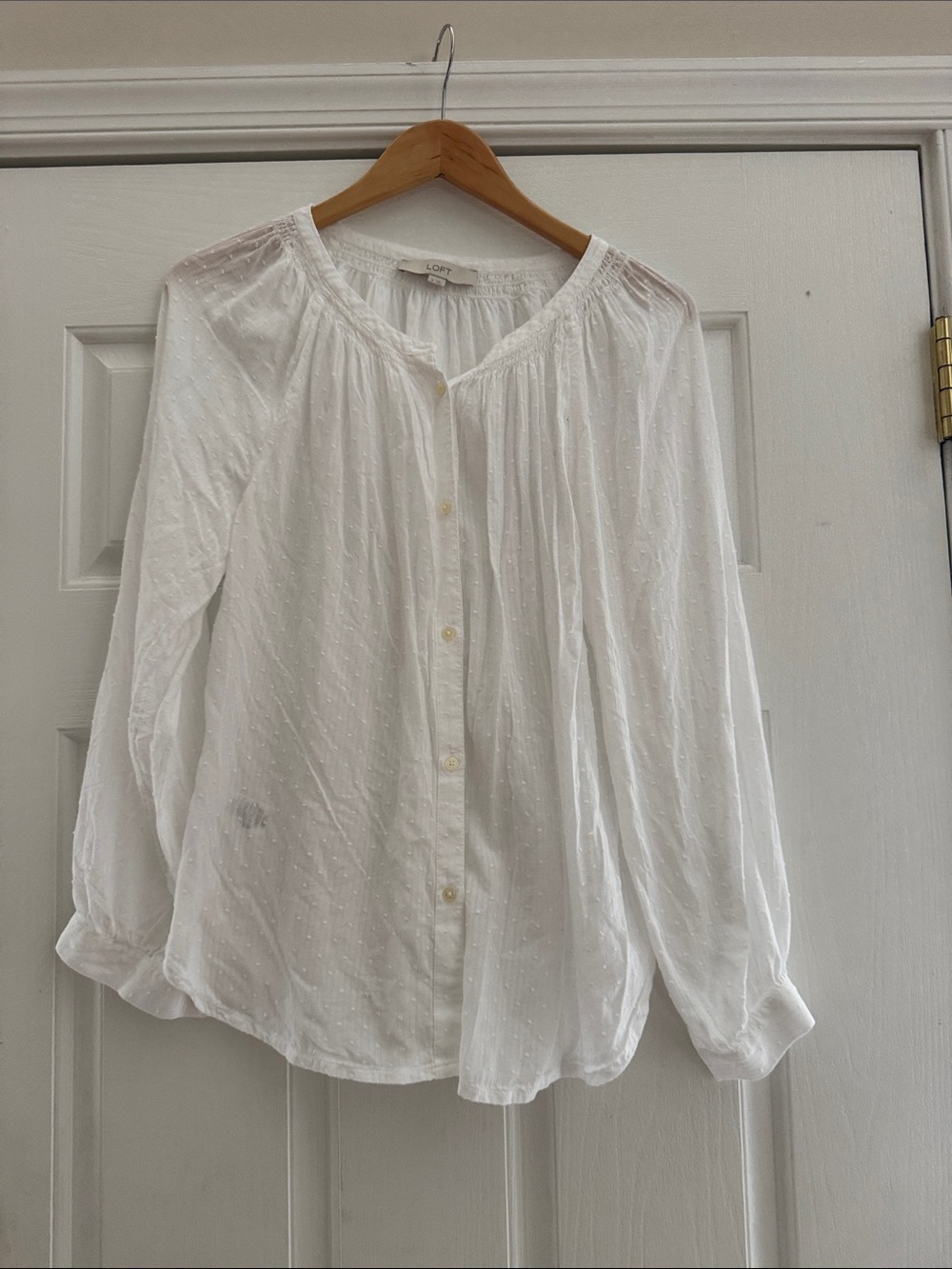 LOFT White Swiss-Dot Button Front Peasant Top